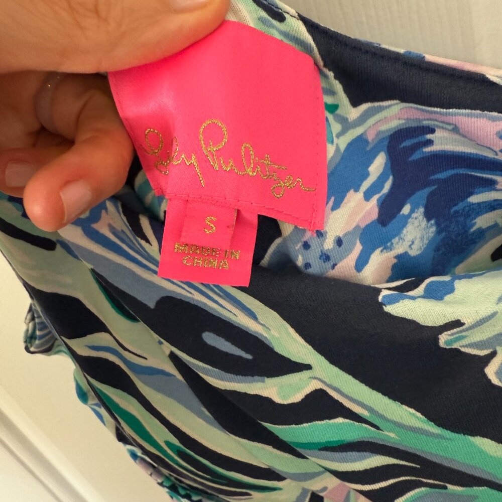Lilly Pulitzer Malia One-Shoulder Dress Small in High Tide Navy Ready Set Gecko - Picture 3 of 8